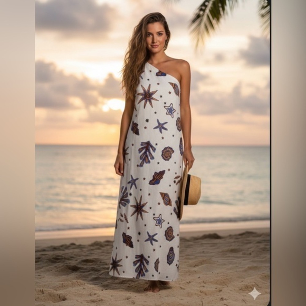 NWT C&C California Women’s Small Ivory Linen One Shoulder Seashell Maxi Dress S
